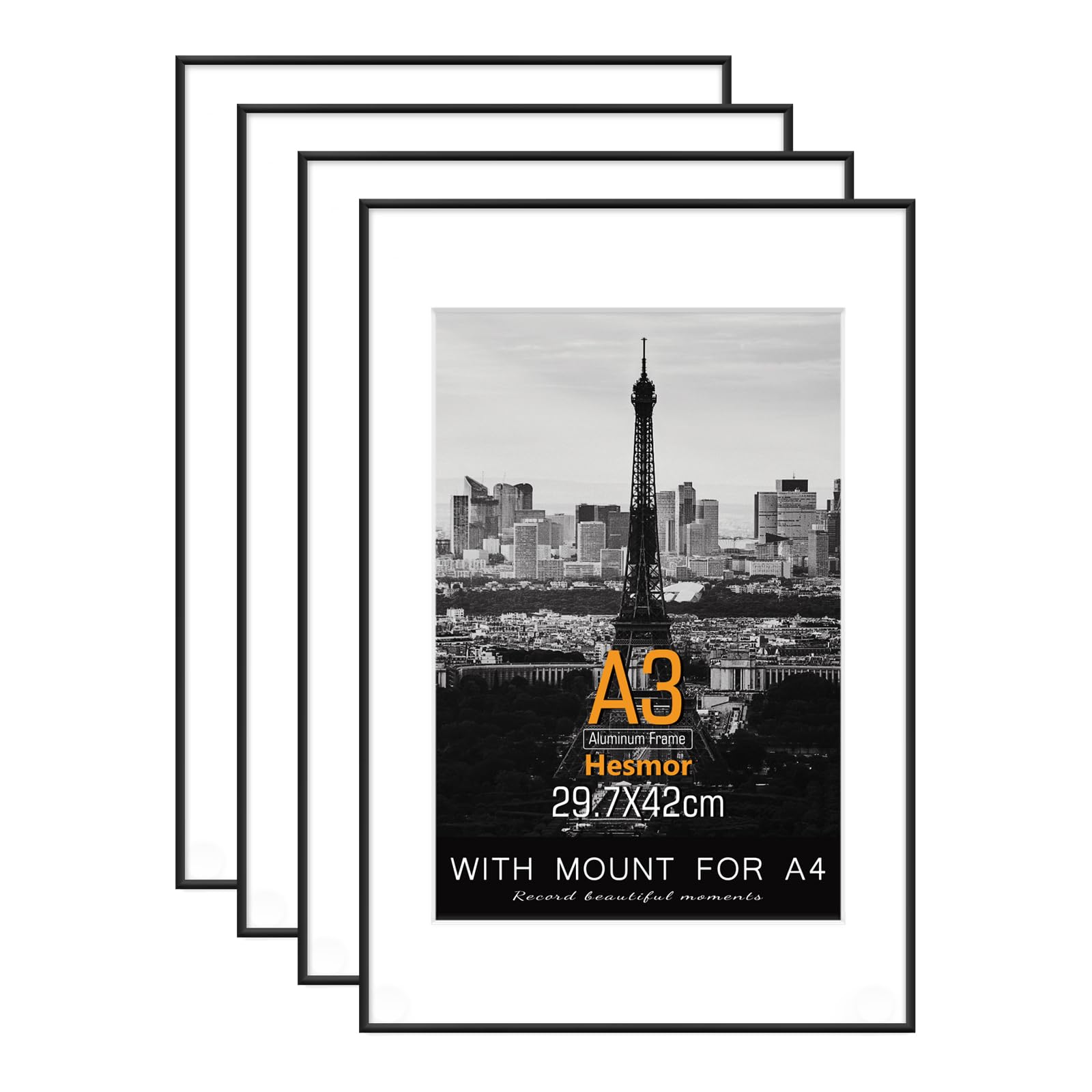Hesmor Aluminum Acrylic A3 Picture Frame in Black, A3 Photo Frames 12 x 16.5 inch Size A3 Frame with Clear Plexiglass for Wall Mounting, Set of 4 A3 Poster Frame with Mount for A4 Print