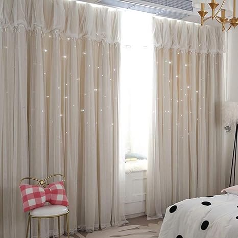 Amazon カーテン 姫系 遮光 間仕切り レースカーテン 可愛い 星柄 透かし彫り 遮光カーテン 遮光率90 レース付き 二重 姫 おしゃれ 女の子 アジャスターフック付き オーダー可能 腰窓 小窓 掃き出し窓 窓 出窓 ベージュ 幅80cm 丈135cm 2枚 両開き Ykfn カーテン