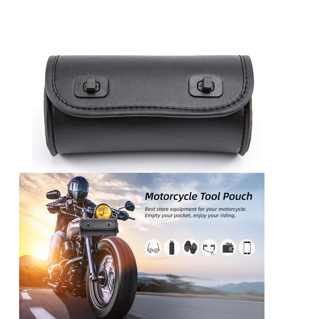 evomosa Motorcycle Fork Bag PU Leather Bicycle Handlebar Tool Bag Sissy Bar Roll Storage Bag - Small (Color A.)