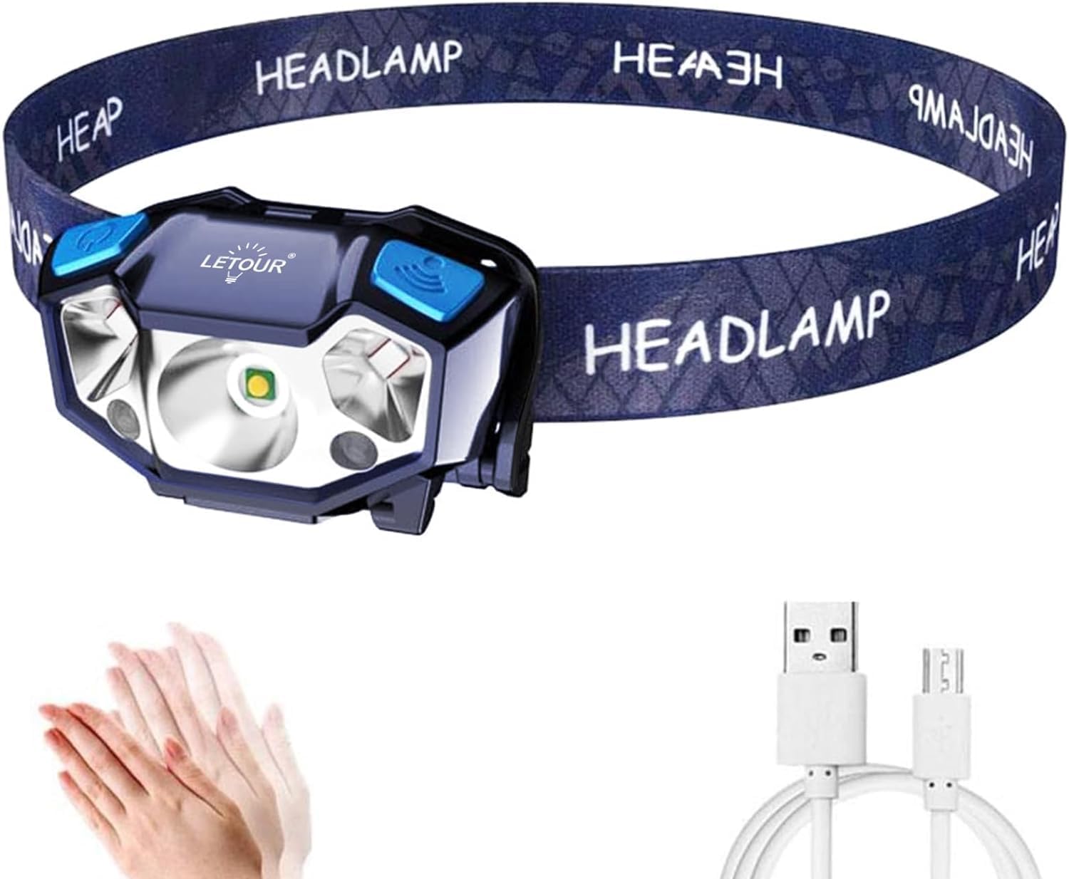 LETOUR Head Torch Rechargeable, 1000Lumens Ultra-Light LED Head Horch with Red Light, Motion Sensor Headlamp with 5 Modes, 60° Adjustable IPX5 Waterproof Headlight for Emergency, Running, Hiking etc