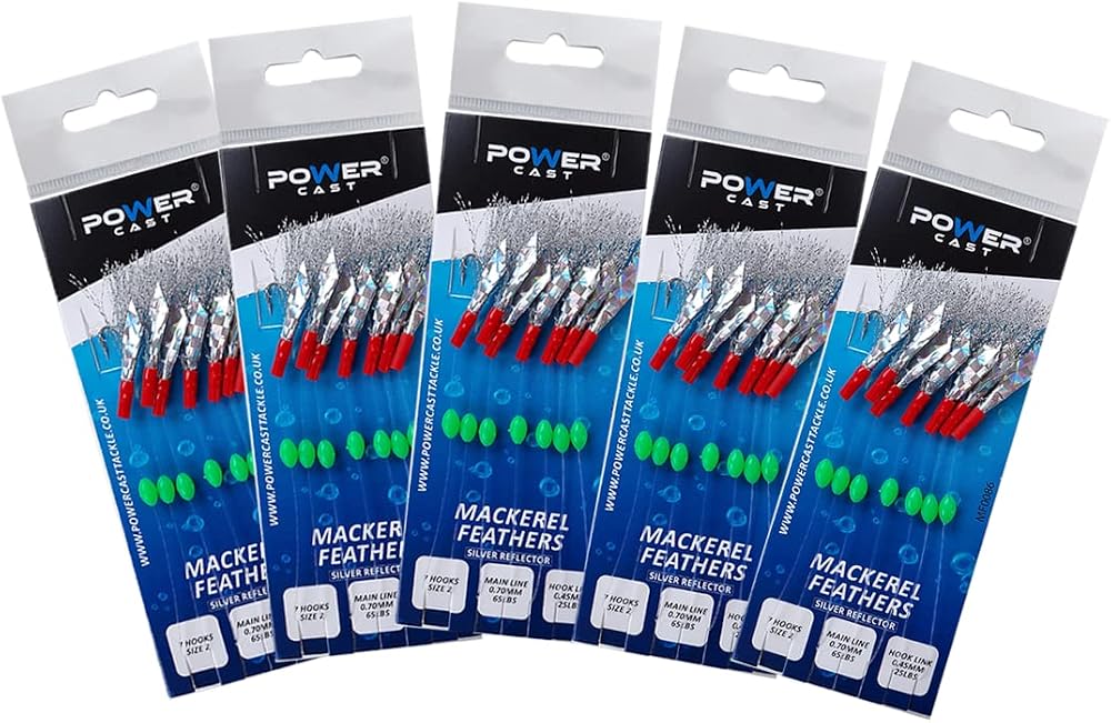 Power Cast 7 Hooks Mackerel Feathers Rig Silver Reflector 5 Pack