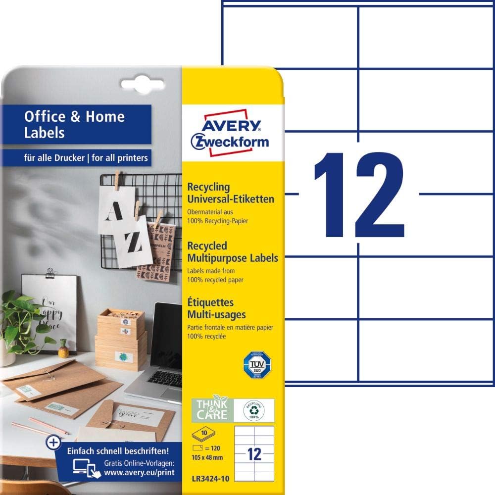 AVERY Zweckform LR3424-10 Recycled Labels 120 Address Labels 105 x 48 mm on A4 100% Recycled Paper Printable Address Labels Self-Adhesive 10 Sheets Natural White