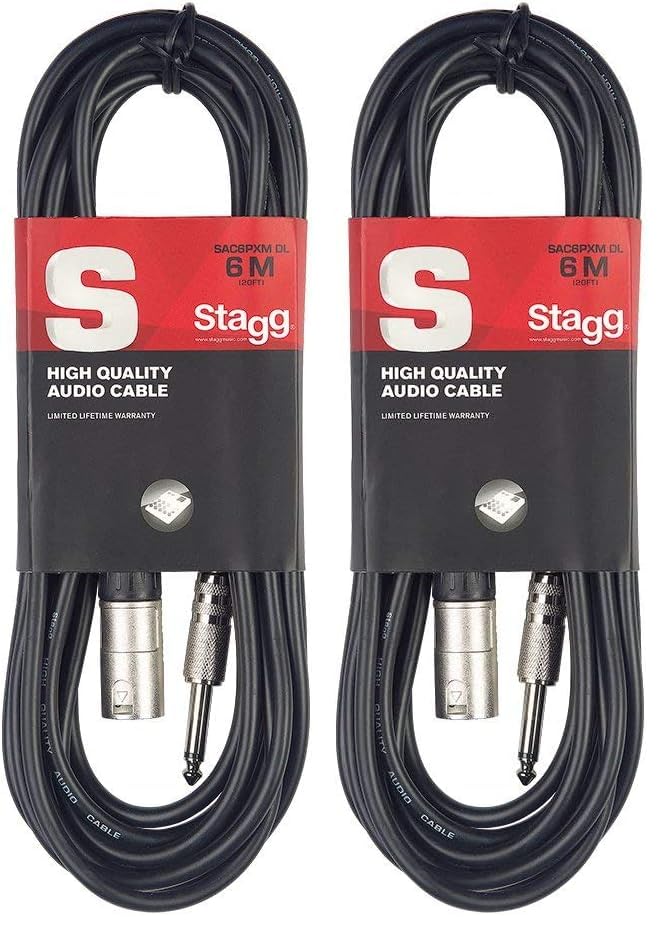 Stagg Unbalanced Male XLR to Jack lead for linking your guitar to a DI box, effects, etc or for connecting straight into a mixing desk, Black, 6m (Pack of 2)