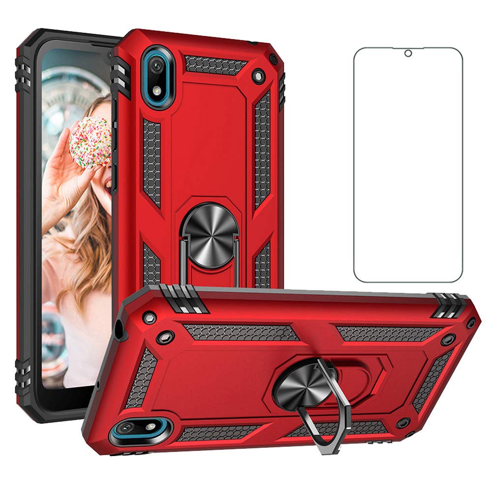Phone Case for Huawei Honor 8s/Y5 2019 with Tempered Glass Screen Protector Stand Ring Holder Shockproof Silicone Heavy Duty Accessories Magnetic Metal Hard Hawaii Hwauei Honor8s Y 5 8 S Girls Red