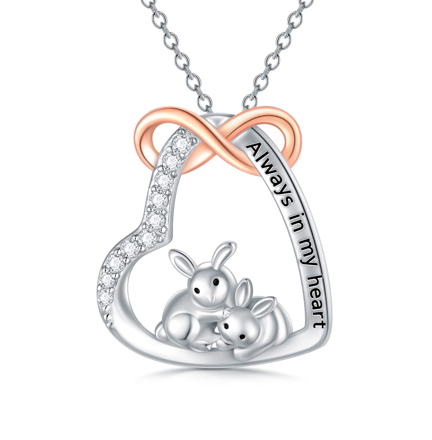 LONAGO Rabbit Necklace 925 Sterling Silver Always in My Heart Cute Bunny Pendant Necklace Jewelry for Women Mother