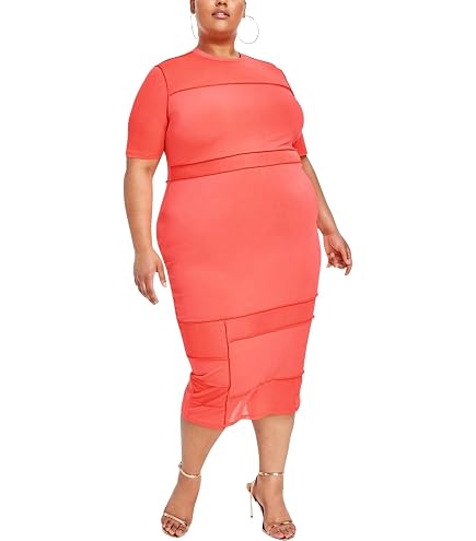 Trendy Plus Size Bodycon Ruched Dress Pink Yarrow/Orange 1X : Clothing, Shoes & Jewelry