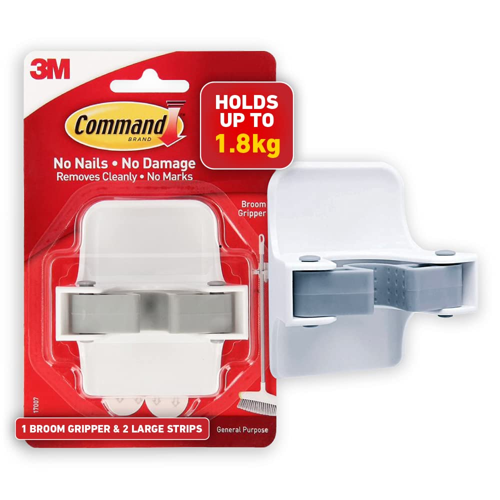 Command Broom Gripper, 1 Broom Holder and 2 Adhesive Strips, Suitable for Storing Brooms and mops up to 1.8 kg