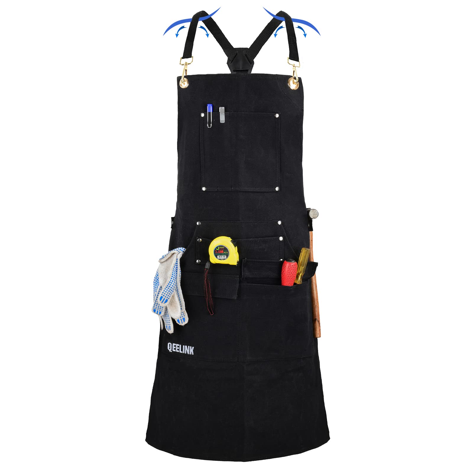 QeeLink Work Apron with 10 Tool Pockets, Woodworking Fireproof Canvas Apron for Carpenter, Adjustable M to XXXL Cross back Tools Apron, Black