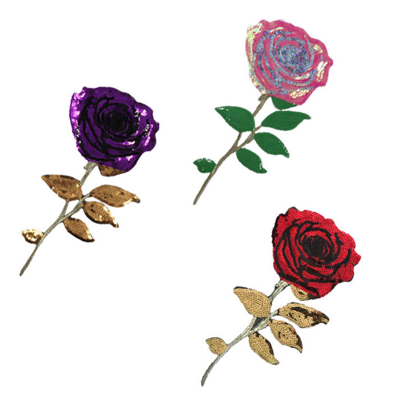 EvaGO 3 Pieces Red Pink Purple Rose Patches Rose Embroidered Sequins Rose Flower Punk Patches for Clothing Jeans T-Shirt DIY Motif Applique - Rose