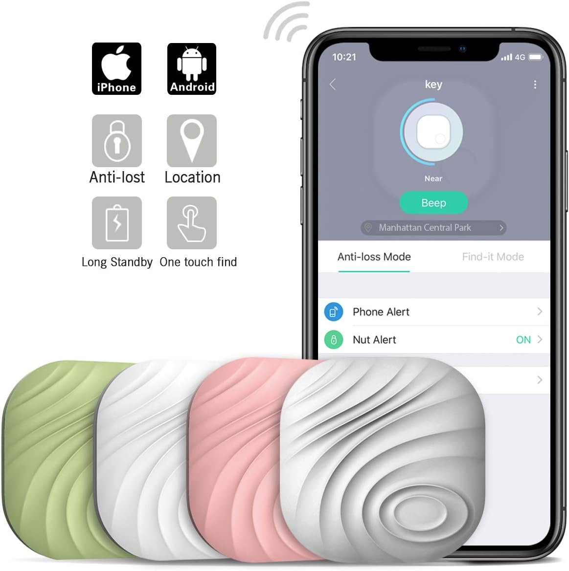 Nut3 Smart Key Finder Bluetooth WiFi Tracker GPS Locator Wallet Phone Key Anti-Lost Bidirectional Alarm Reminder (4 Packs, Multicolor)