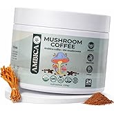 Ambica Instant Mushroom Coffee Ground, USDA Organic With Ten Mushroom Coffee with Lion’s Mane, Reishi, Cordyceps & Chaga for Immnue Support & Gut Health, Better Energy & Focus 24 Servings, 4.23 Oz