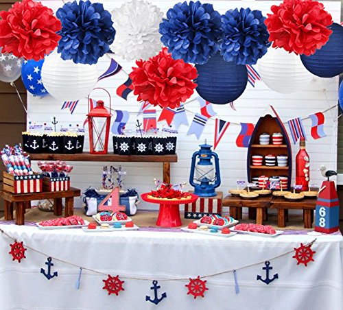 Nautical Party Decor Pom Poms Tissue Paper Lanterns Navy Blue