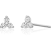 Solid 14k Gold Mini Lotus Cubic Zirconia Studs, Trefoil Trinity Triple Cluster Minimalist Earrings