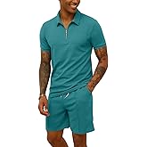 Mens 2 Piece Zip Tracksuit Short Sleeve Printed Polo Shirt and Shorts Pants Sets Summer Casual Outfits for Men