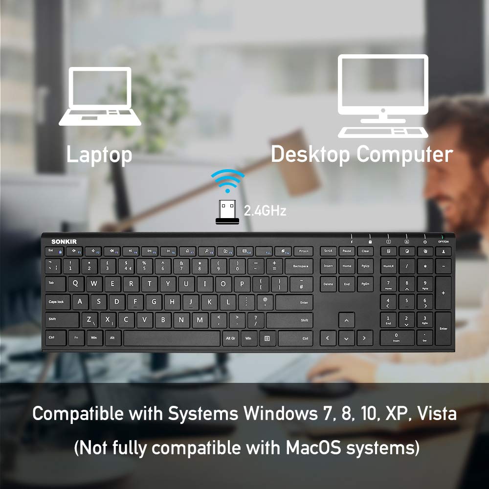 Keyboard Mouse, Sonkir K-18 2.4GHz Ultra Thin Rechargeable Aluminum Full Size Wireless Keyboard Mouse Combo for Windows, Laptop, PC, Notebook (Black)