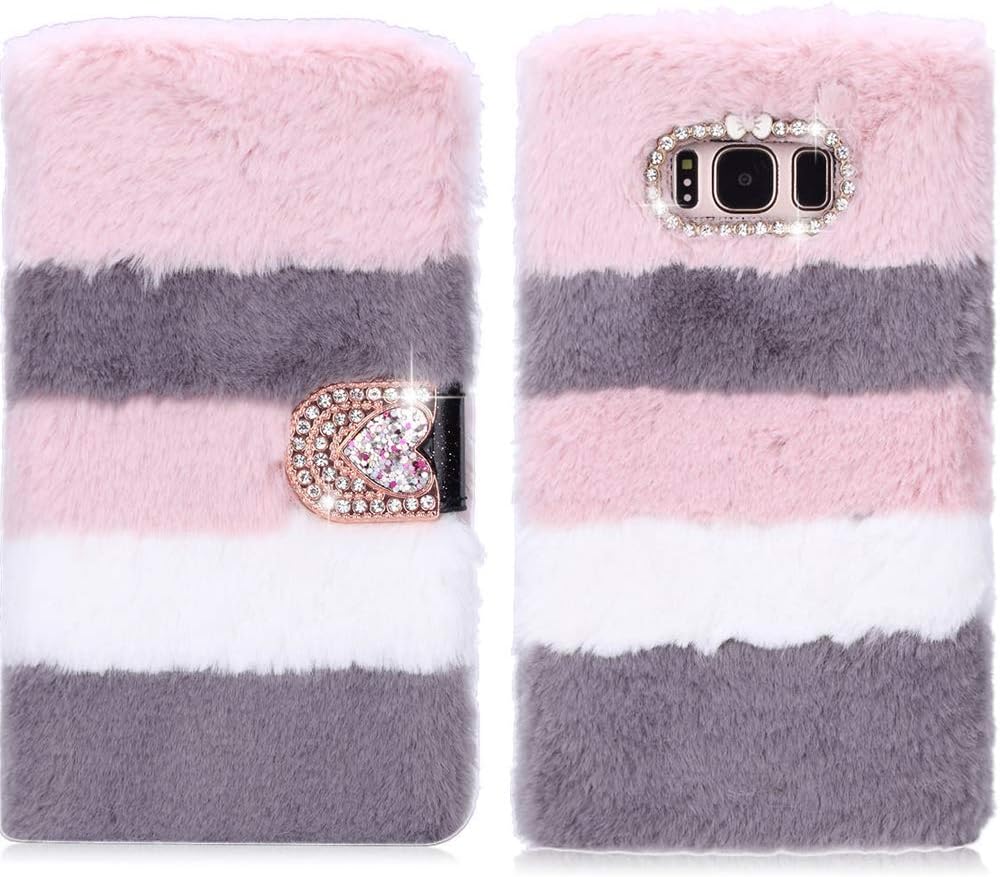 LAPOPNUT for Samsung Galaxy s7 Edge Case Faux Fur Flip Case Super Soft Cover Cute Fluffy Furry Folio Shockproof Cover with Chic Bowknot Bling Crystal Love Heart Diamond (Grey&Pink)