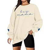 CAZYCHILD Mama Sweatshirt for Women Boy Mama Embroidered Crewneck Long Sleeve Funny Momma Letter Print Pullover Tops