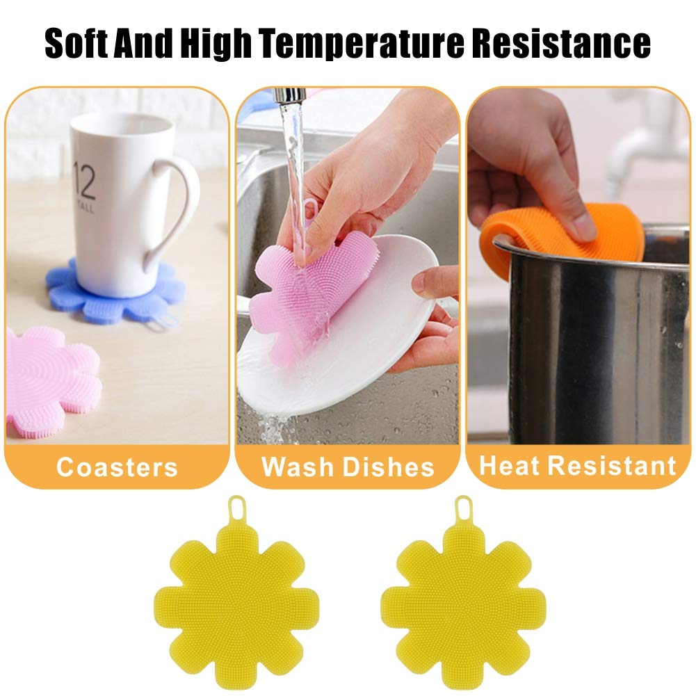 M MOACC Silicone Sponge Brush Scrubber Dishwashing Pot Washing Fruit Vegetable Cleaner BPA-Free Pack 2 Yellow