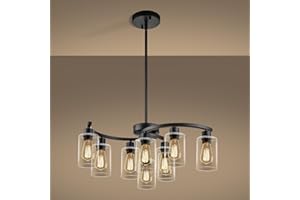 Sigaitwei 9-Light Modern Farmhouse Chandelier，29.5" Black Dining Room Light Fixture，Industrial Pendant Lights Kitchen Island,Metal Bracket with Downward Clear Glass Shade