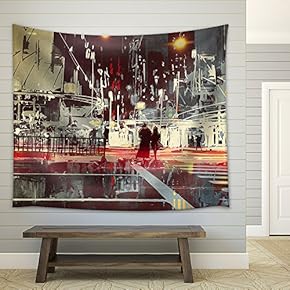 Illustration - Night Scene of Modern City Street,Illustration Painting - Fabric Wall Tapestry Home Decor - 51x60 inches