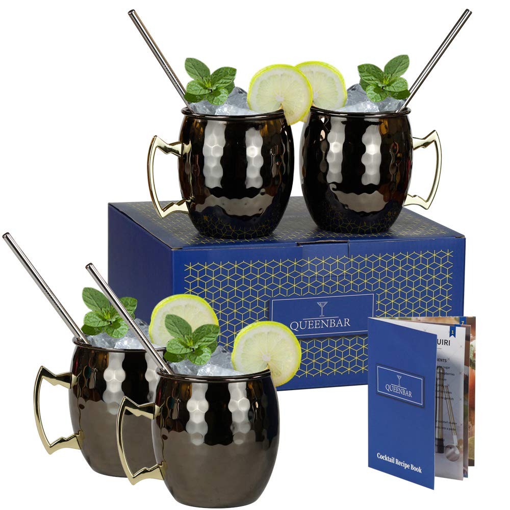 Buy QUEENBAR Moscow Mule Copper Mugs Solid Black Copper Cups Set of