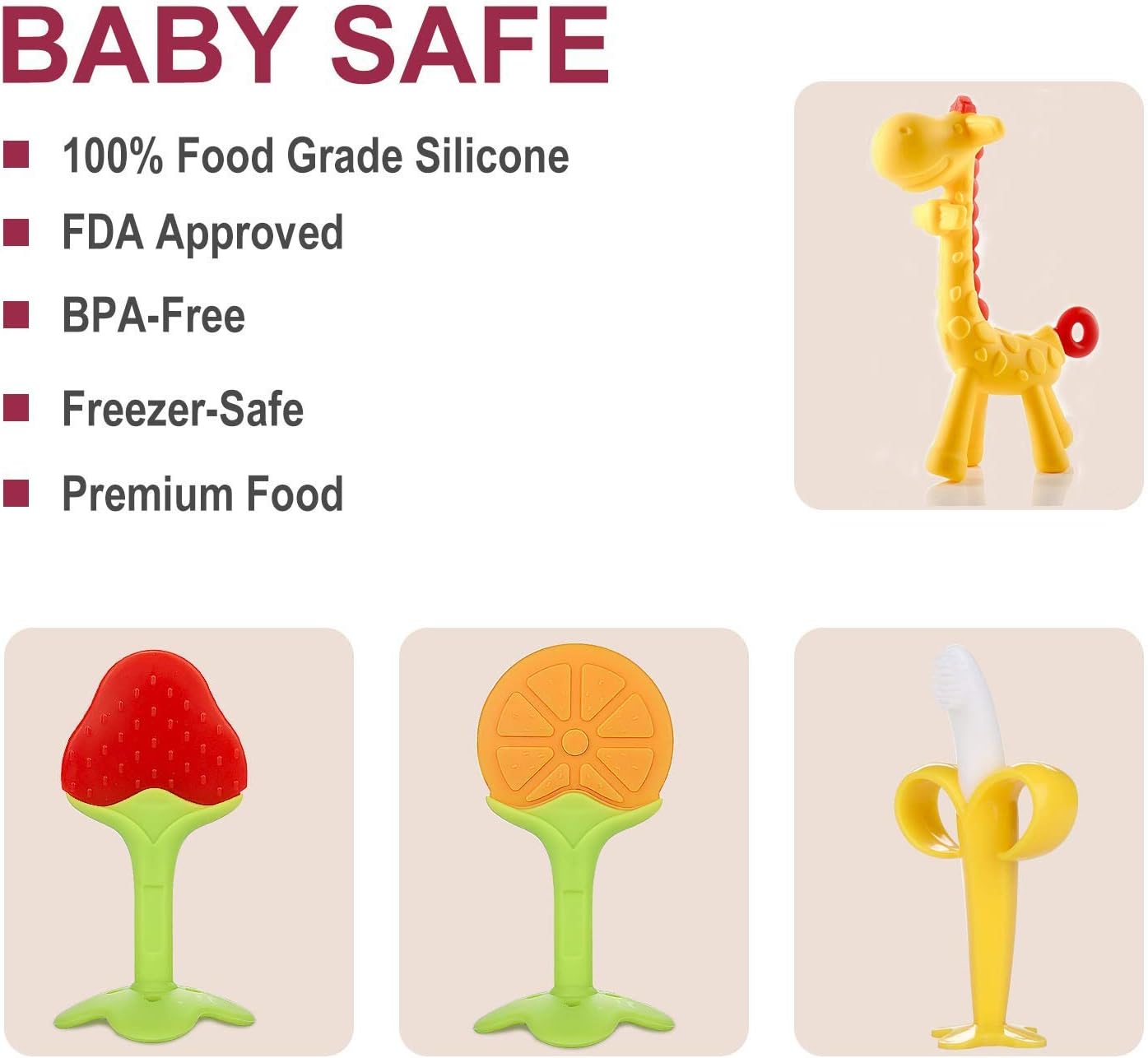 Olele Baby Teething Toys (4 Pack),Natural Organic Safe Soft Silicone Fruit Giraffe Teethers Set with Pacifier Clip/Holder for Newborn Infants and Toddlers, Boys & Girls - Babies Shower GIF: Toys & Games