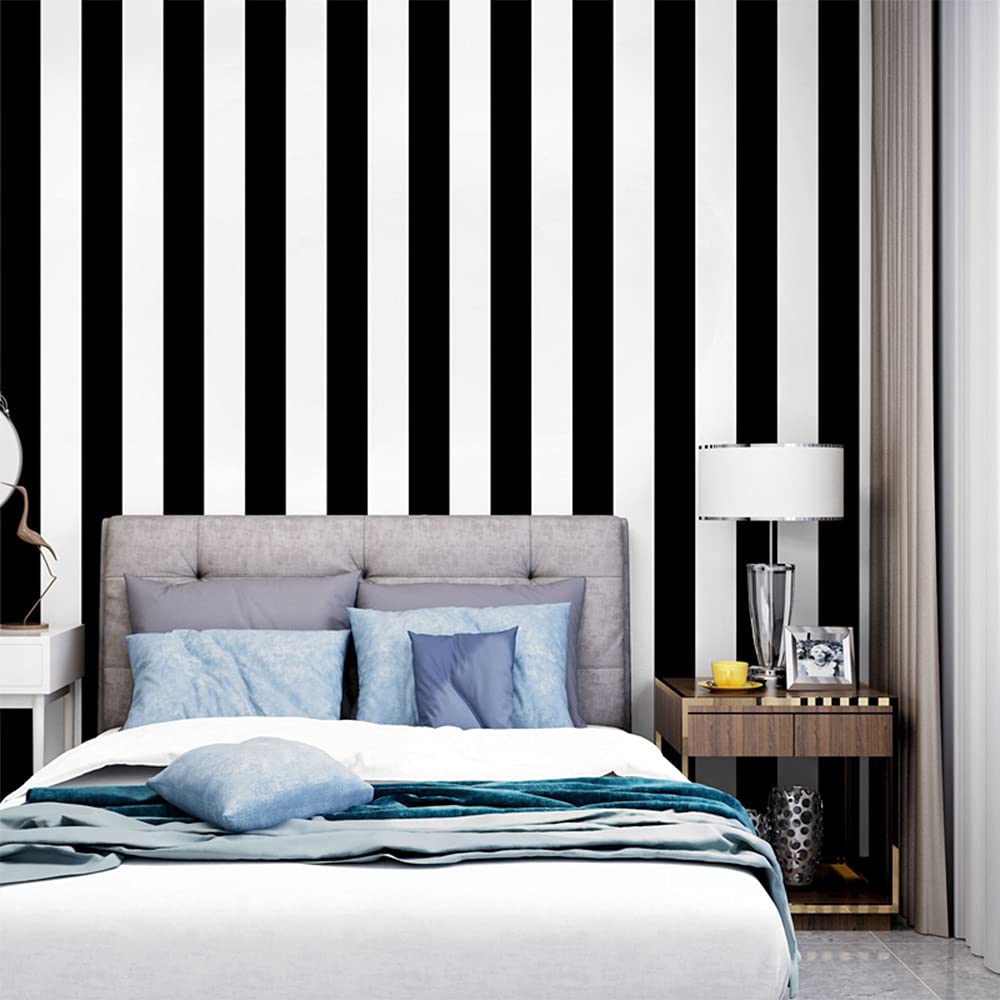 MEAIHOME Modern Simple Horizontal Vertical Striped Bedroom Coffee Restaurant Clothing Store TV Background Non-Pasted Wallpaper Roll Black White 1.73' L x 32.8' W