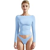 SUUKSESS Women Crew Neck Long Sleeve T Shirts Double Lined Tight Fitted Crop Top