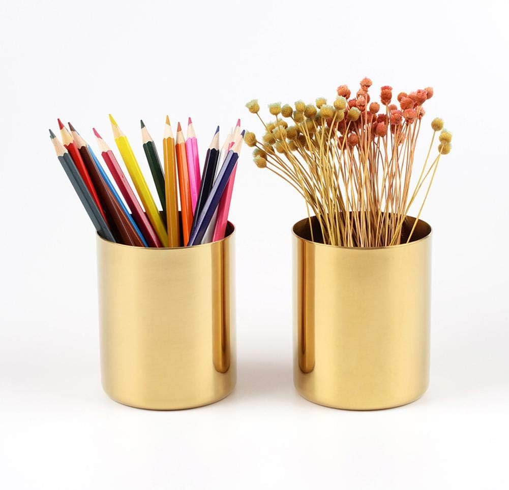Pencil Pen Holder Cup Pencil Cup Holder Desk Organizer, Golden Pen Holder Simple Brass Round Pen Holder Metal Flower Mini Vase Storage Cup Decoration Table Vases Flower Pot Makeup Brush Holder