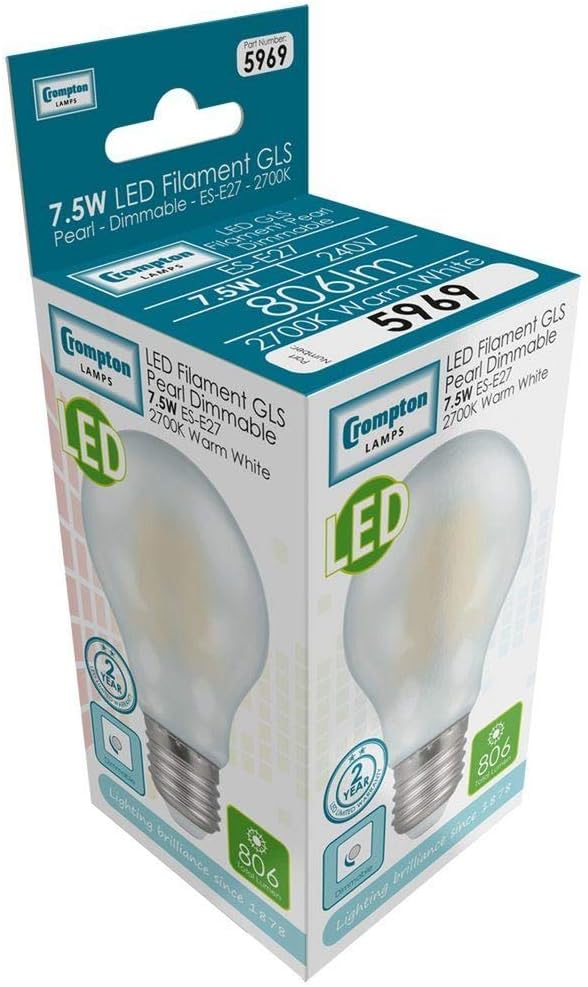 Crompton Lamps LED GLS 7.5W ES-E27 Dimmable Filament (10 Pack) (60W Equivalent) 2700K Warm White Pearl 806lm ES Screw E27 A60 Frosted Opal Multipack Light Bulbs - Image 5