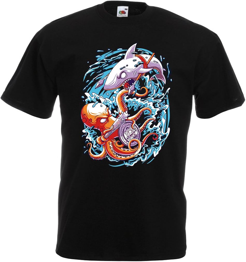 lepni.me Men's T-Shirt Battle in The Ocean - Octopus Vs Shark - to Rule The seas, Marine Outfits
