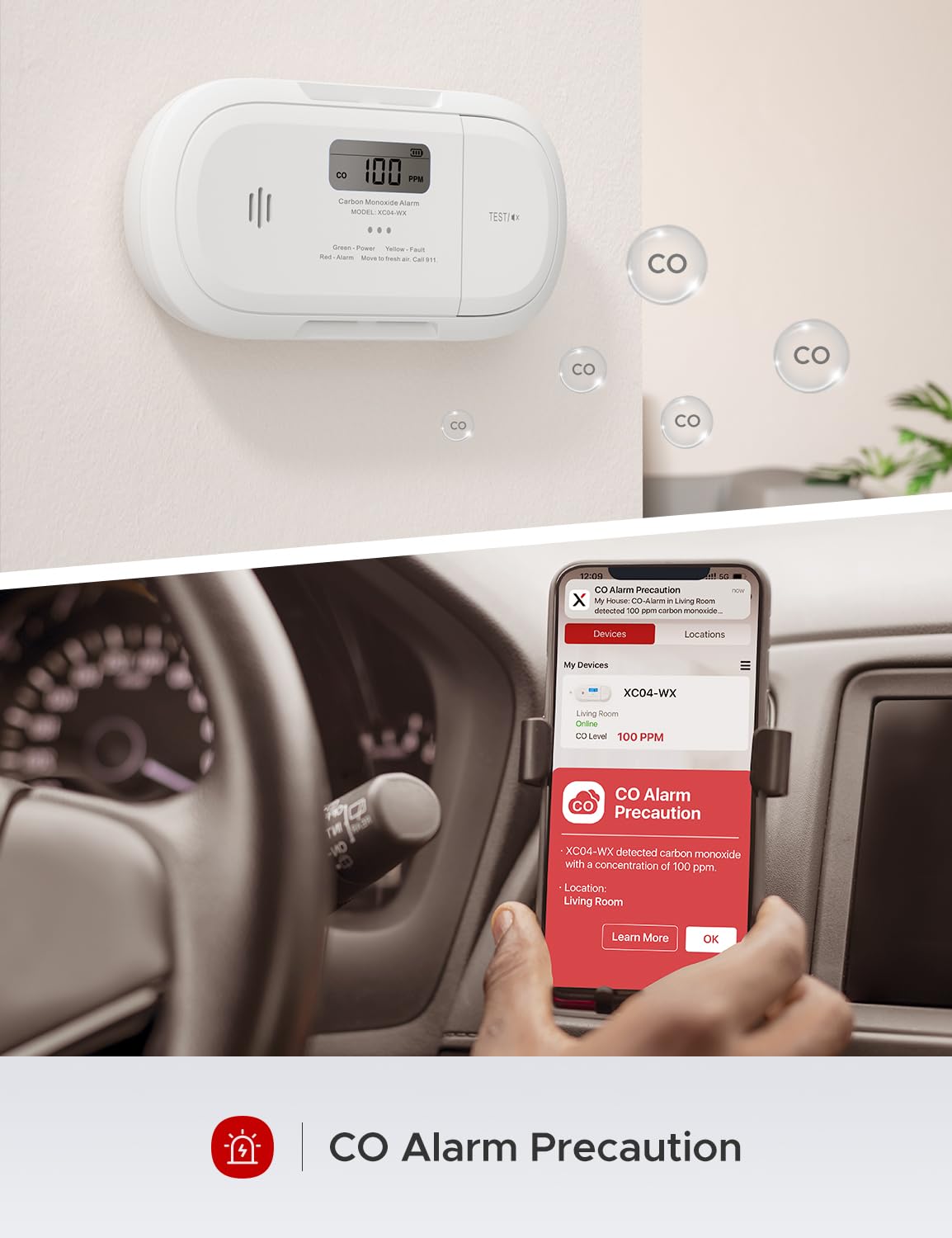 X-Sense Smart Carbon Monoxide Detector, Wi-Fi CO Detector, Real-Time Push Notifications via X-Sense Home Security App, Replaceable Battery,XC04-WX