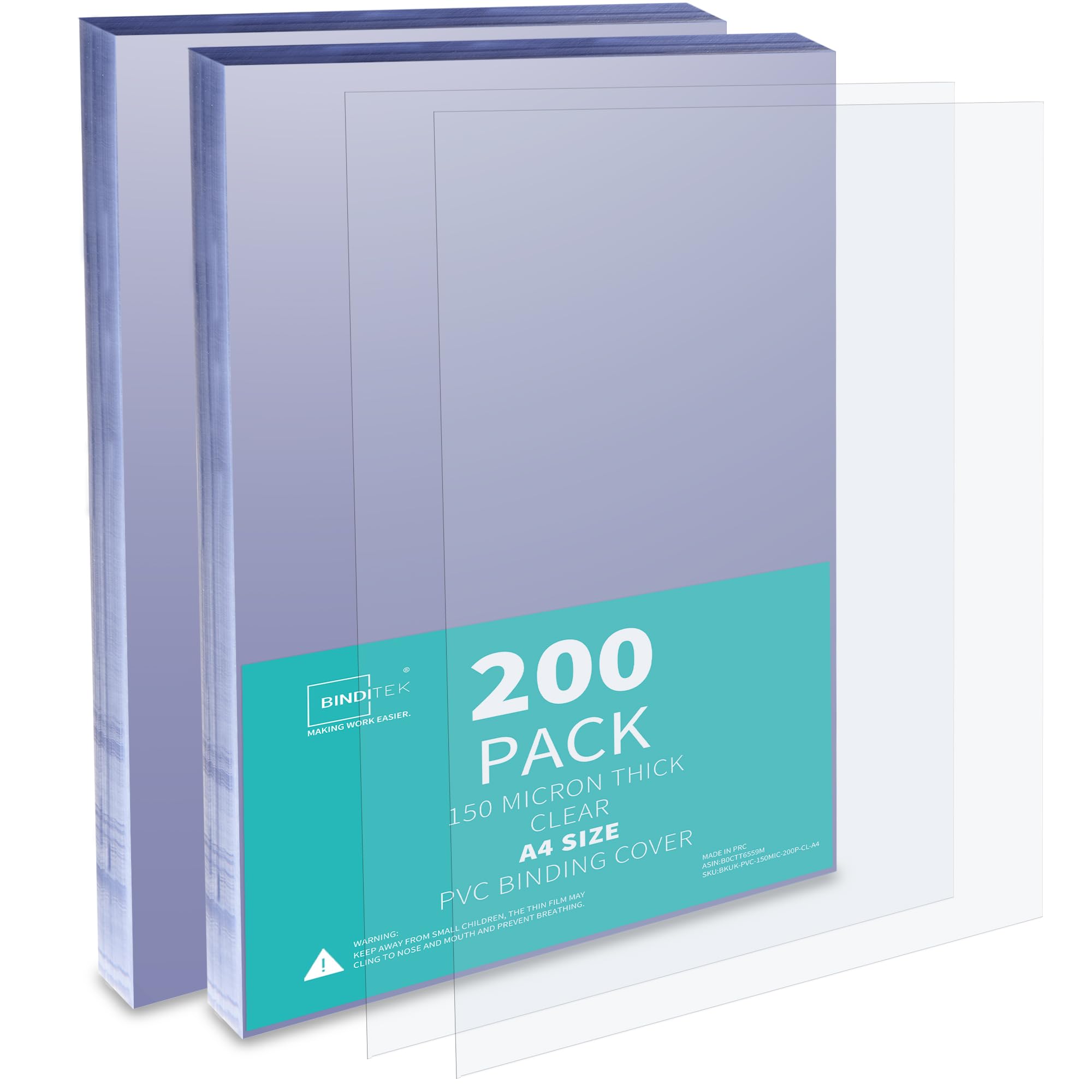 Binditek 200 Pack 150 Micron A4 Binding Covers, PVC Clear Binding Covers, Square Corners, Un-Punched, Office and School Supplies — image 1