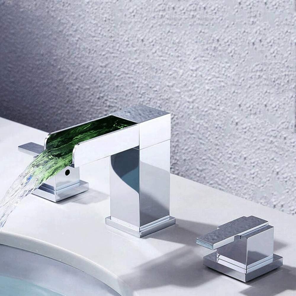 RED SHORE Widespread Bathroom Sink Faucet 3 Holes 2 Knobs LED Water Flow Color Changing Bathtub Waterfall Faucets Modern Lavatory Vanity Basin Mixer Tap (L0-13)