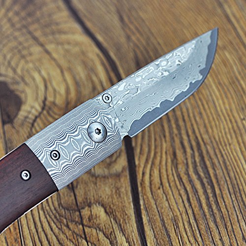 KUBEY Hunting Folding Knife Damascus Steel Blade Thumb Open Gentlemans Pocket Knife for Outdoor Camping Tactical Survival Tool(#DM051-Rosewood Handle) - Thumbnail 4
