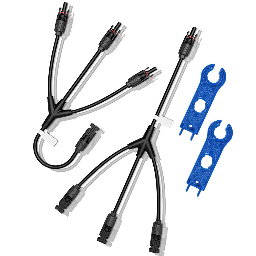 MMOBIEL 2x Solar Pannel Connectors 1 to 3 Connectors - Branch Adapter Cable Wire - Plug And Play 30cm / 1 Ft Incl. 2x Solar Connector Spanner Wrench
