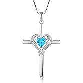 Oskani Cross Necklace for Women 925 Sterling Silver Heart Birthstone Angel Wing Cross Pendant Necklace Faith Dainty Jewelry Birthday Gifts for Wife Her