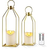Homemory Modern Farmhouse Gold Metal Lanterns 2PCS with Flameless Candle | Waterproof Lantern Design Outdoor Indoor, Ideal for Fall, Halloween, Christmas, Living Room, Patio, Porch, Tabletop Decor