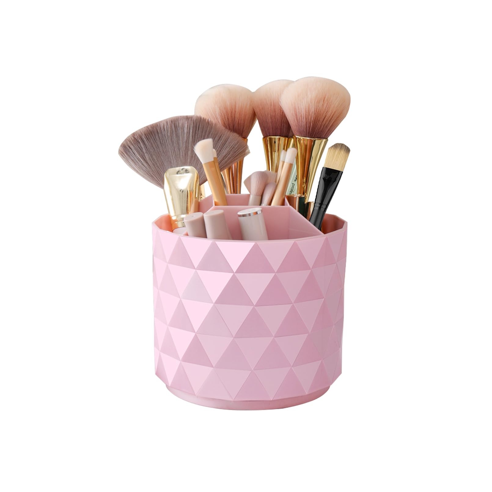 Nwvuop 360° Rotating Makeup Brush Organiser, 12× 12× 14cm Makeup Brush Holder with 5 Compartments Make up Organiser for Lipstick, Eyeliner, Pen(Pink)