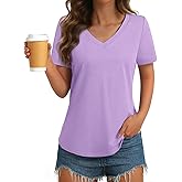 GKBK Womens T Shirts V Neck Short Sleeve Cotton Tops Summer Curved Hem Trendy Basic Tee Shirt S-XXL