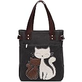 KAUKKO Women Canvas Handbag Shoulder Bag Cat Big Tote Bag(093-BLACK)