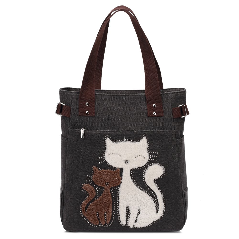 KAUKKO Retro Style Canvas Shoulder Bag, Shopping Bag, Cute Cat Shopping Bag from, Black, Rozmiar uniwersalny, Totes