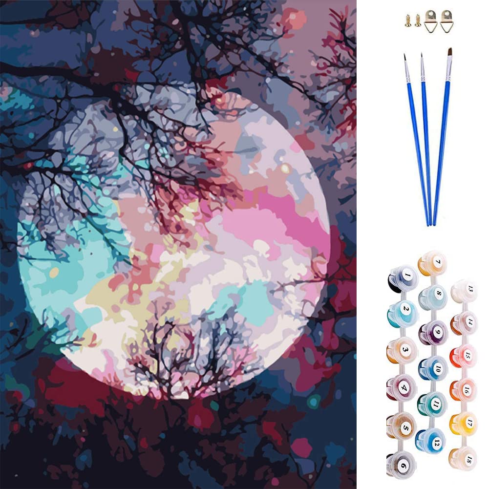 ABEUTY DIY Paint by Numbers for Adults Children, Canvas with Brushes Moon 16x20 inches Number Painting Art Therapy (No Frame, Moon)