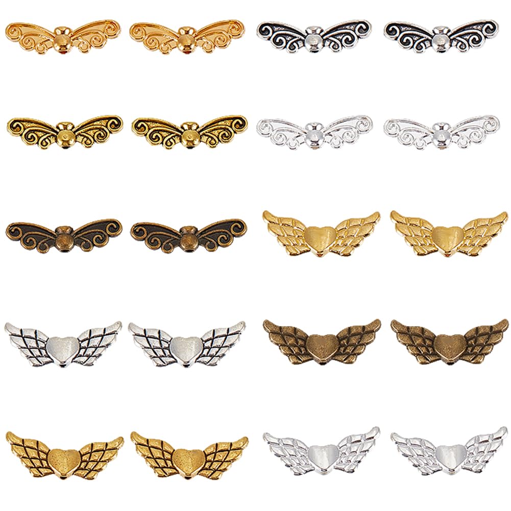 SUNNYCLUE 1 BOX 120PCS Alloy Angel Wing Beads Butterfly Beads Metal Small Tibetan Silver Gold Bronze Wings Heart Fairy Loose Spacer Beads Bulk for jewellery Making Beading Kit Bracelets Diy Craft