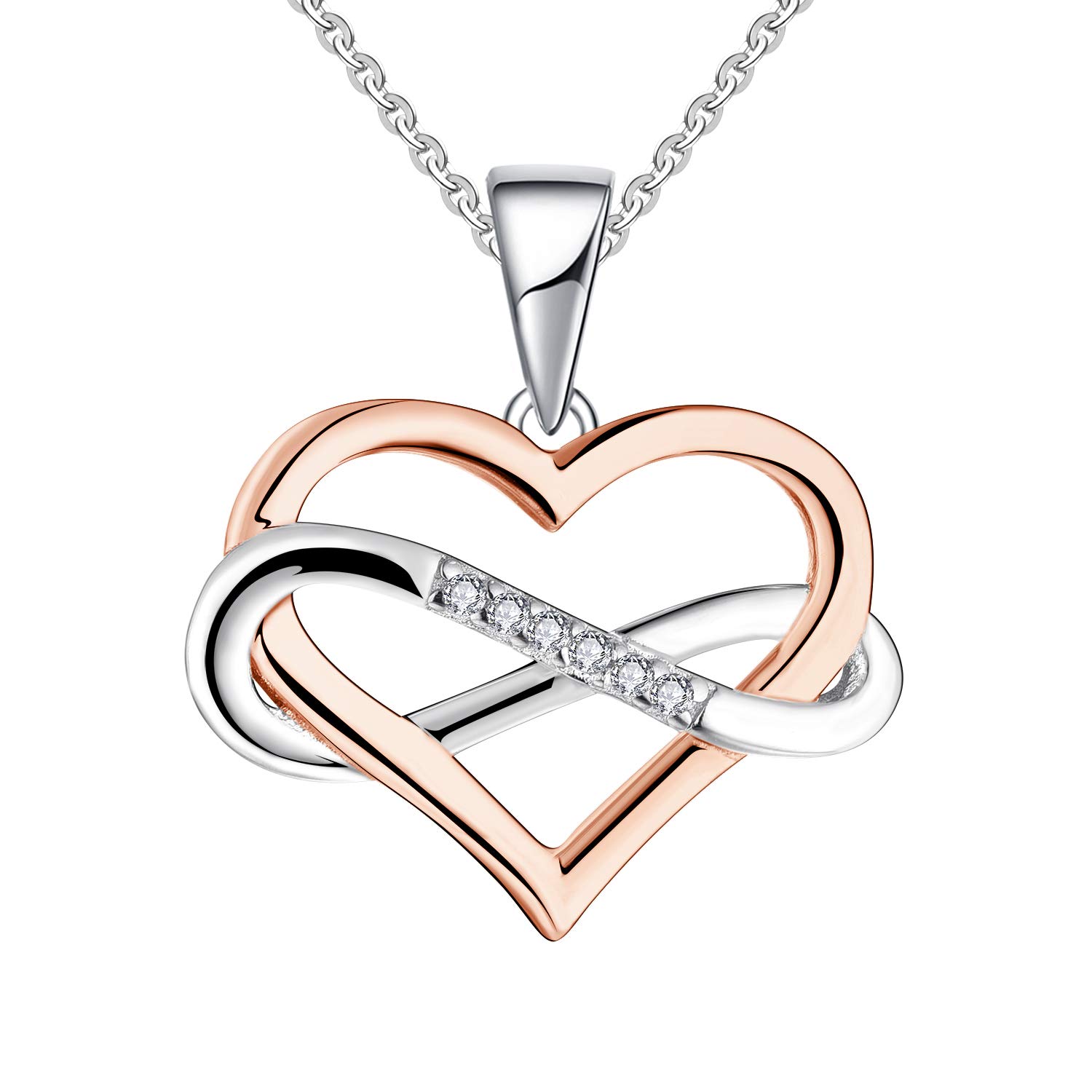 JO WISDOM Women Infinity Heart Necklace,925 Sterling Silver Pendant Necklace with AAA Cubic Zirconia with 2-tone color plated,With White Gold and Rose Gold Plated
