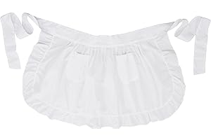LilMents Womens Waist Apron with Pockets Retro Kitchen Cleaning Ruffles Half Apron (White)
