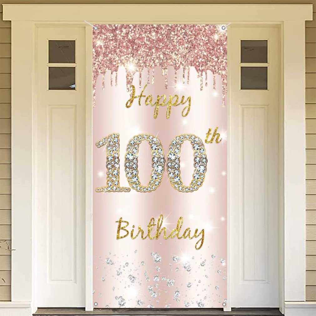 100th Birthday Decoration for Women, Happy 100 Years Old Backdrop Banner Rosegold Fabric Sign Poster, Woman 100th Birthday Door Banner Party Welcome Sign, 180 cm x 90 cm