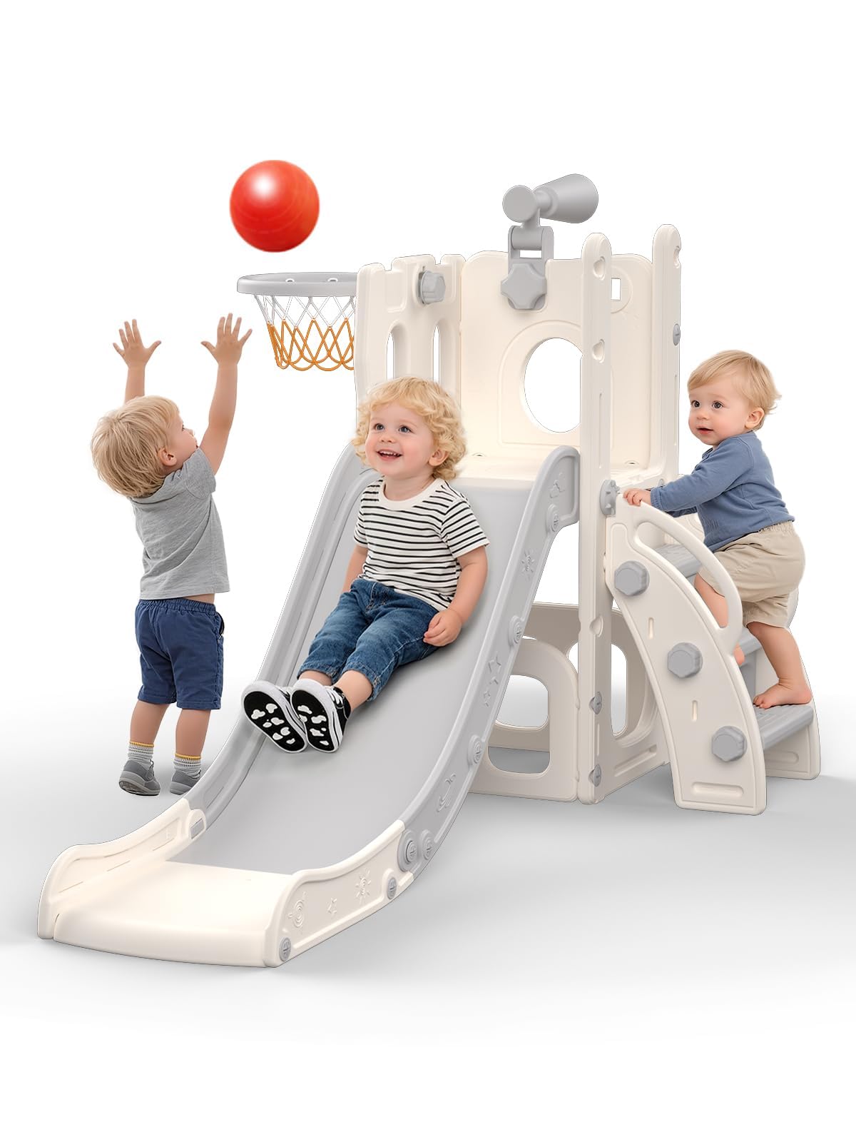 hoopyosms Plastic Kids Slide with Ladder, Basketball Hoop & Toy Telescope, Indoor & Outdoor Activity Playset for Toddlers & Preschoolers(Grey)