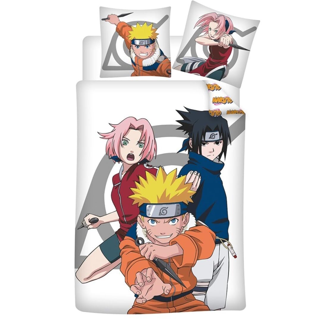 Aymax Naruto Single Bedding Set, Duvet Cover 140 x 200 cm + Pillowcase 65 x 65 cm, Polycotton, with Sasuke Uchiwa and Sakura Haruno