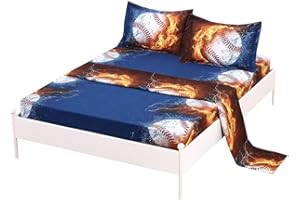 SDIII 4PCS Baseball Sheets Twin Set, Soft Microfiber Deep Pocket Sports Sheets Twin for Boys Girls Kids Teens and Baseball Lovers All Season